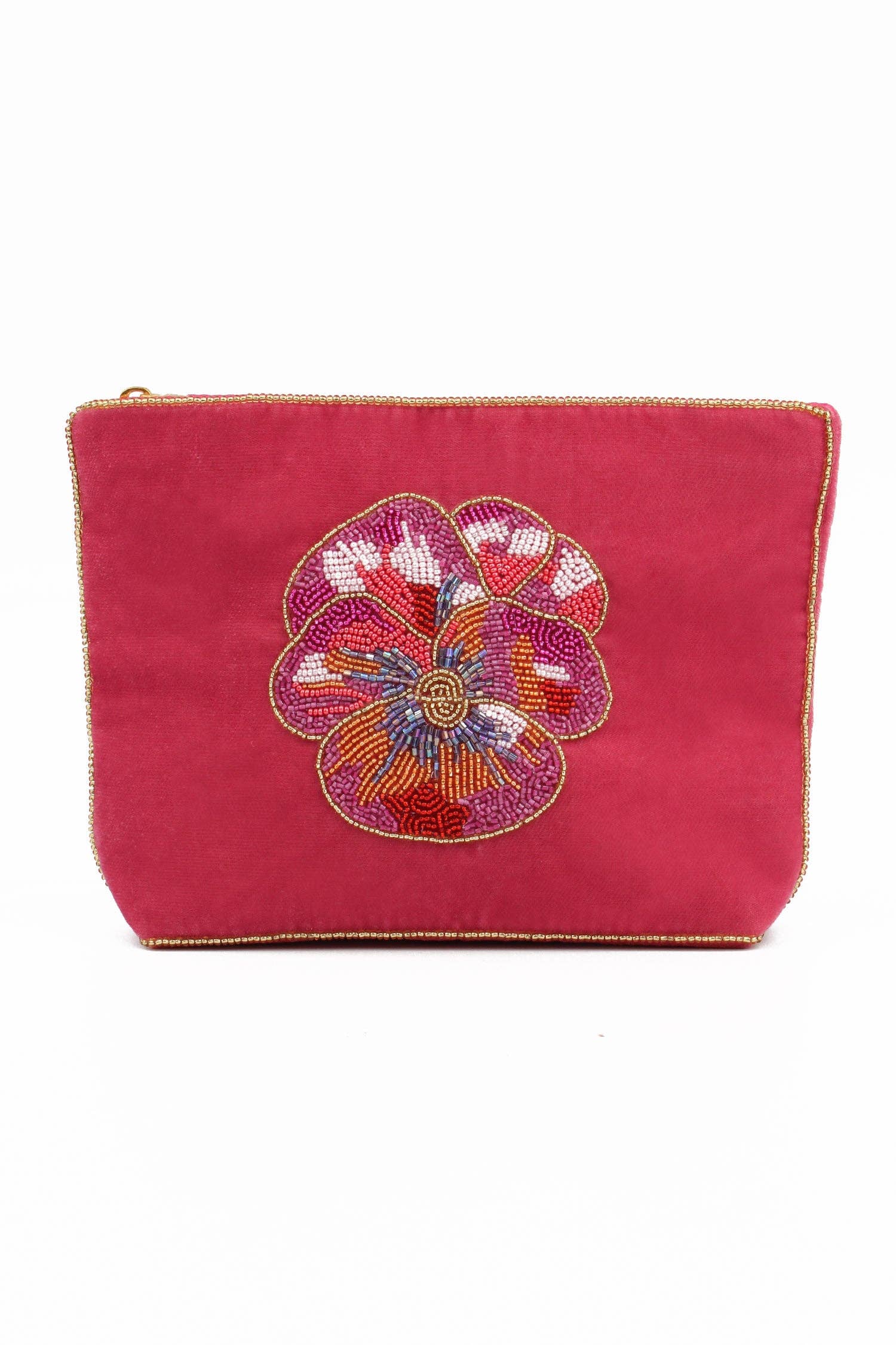 My Doris pink pansy embroidered beaded velvet zippered pouch.