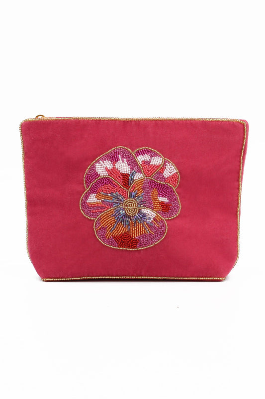 My Doris pink pansy embroidered beaded velvet zippered pouch.