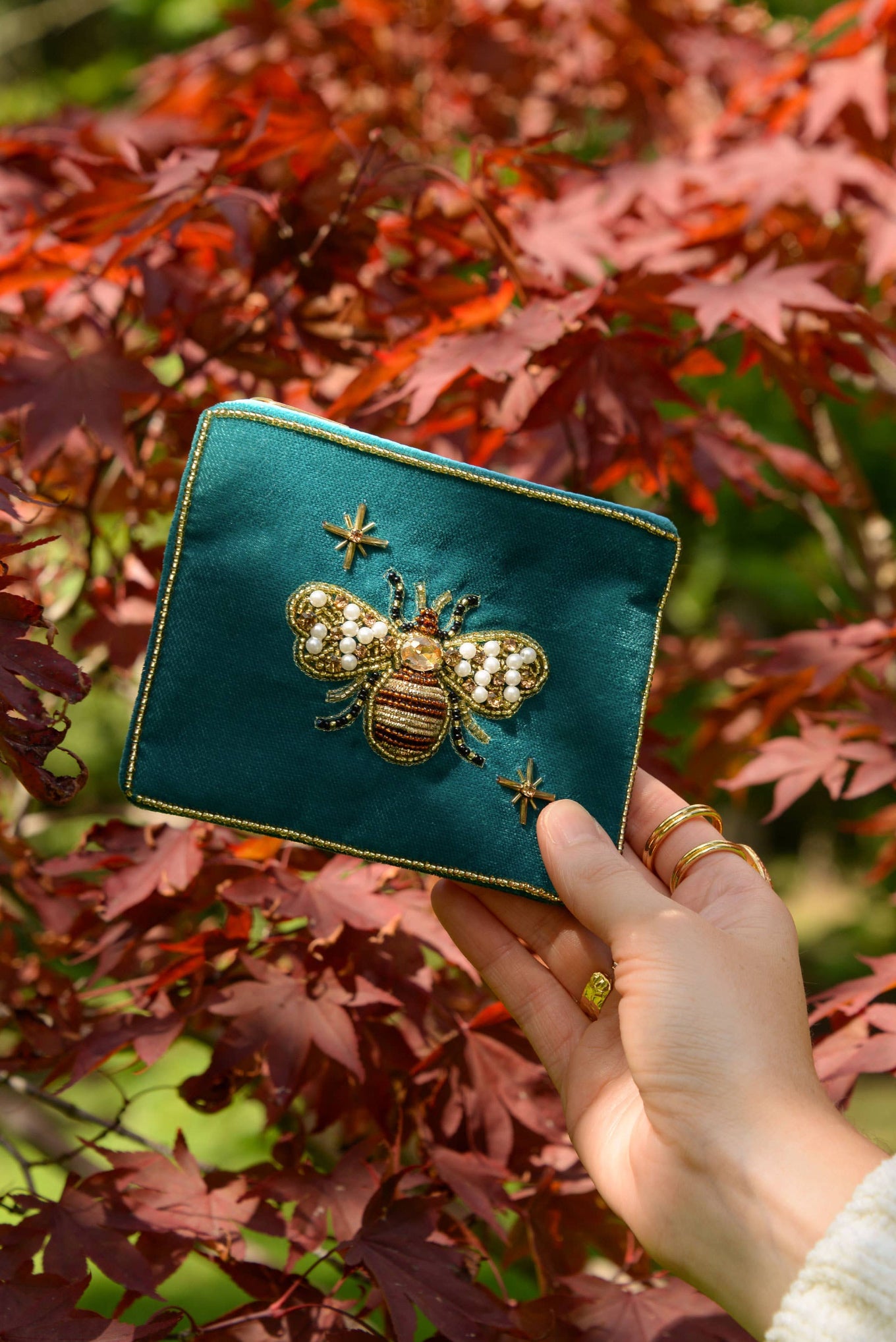 My Doris handcrafted beaded zippered pouch, golden bee on teal velvet.