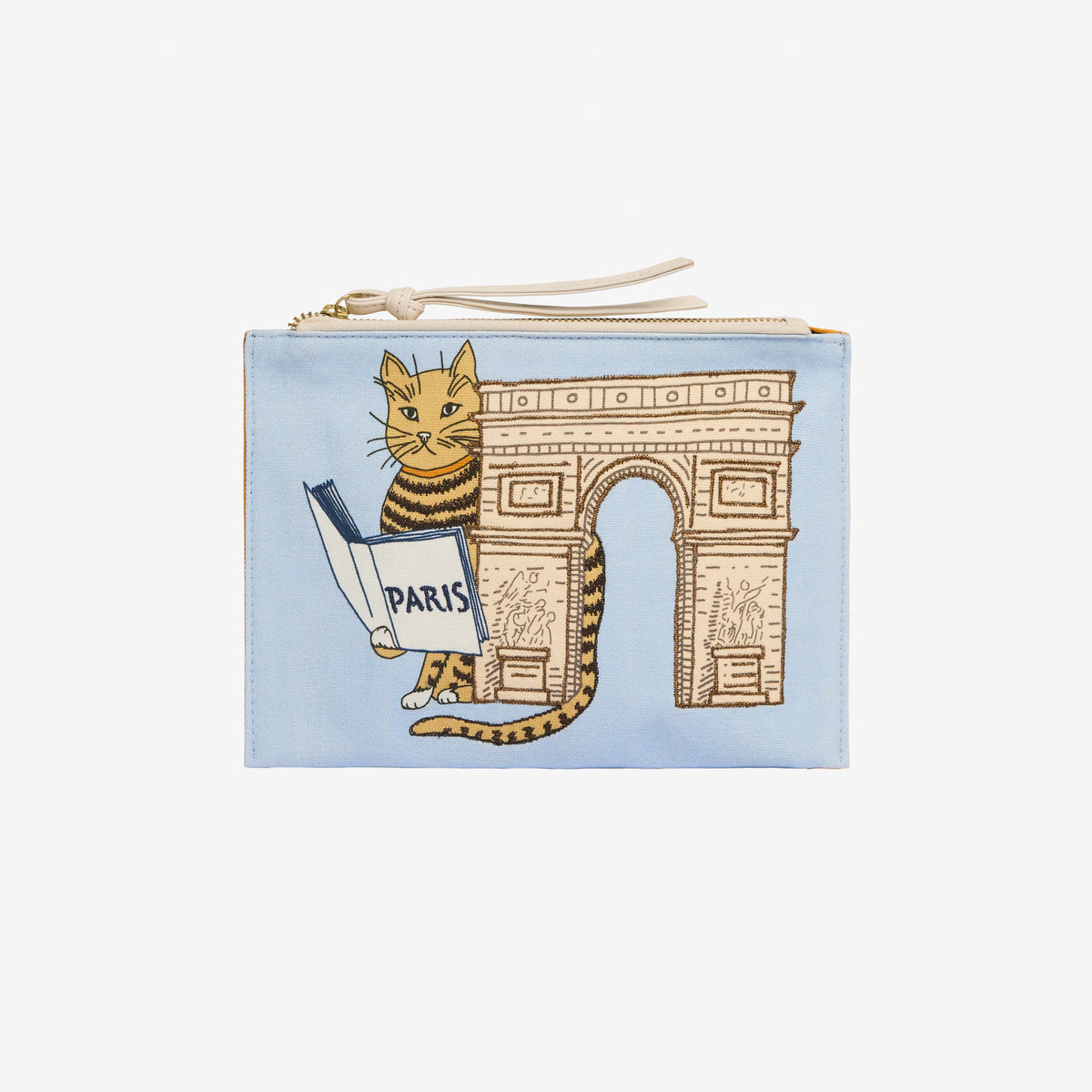 Inoui Editions cotton canvas Chat light blue pouch cat design with Arc de Triomphe.
