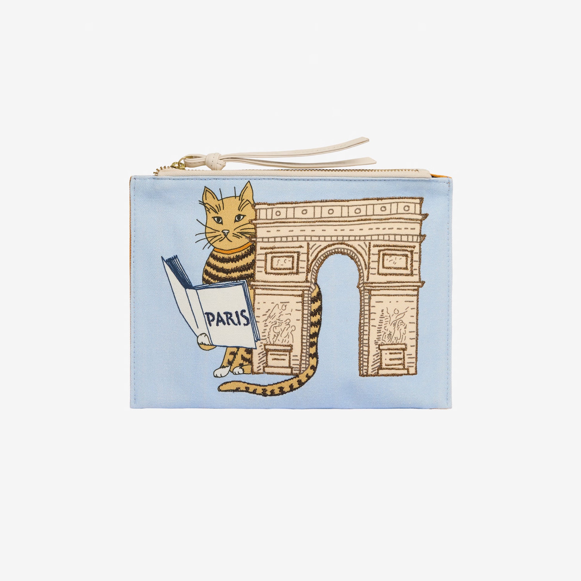 Inoui Editions cotton canvas Chat light blue pouch cat design with Arc de Triomphe.