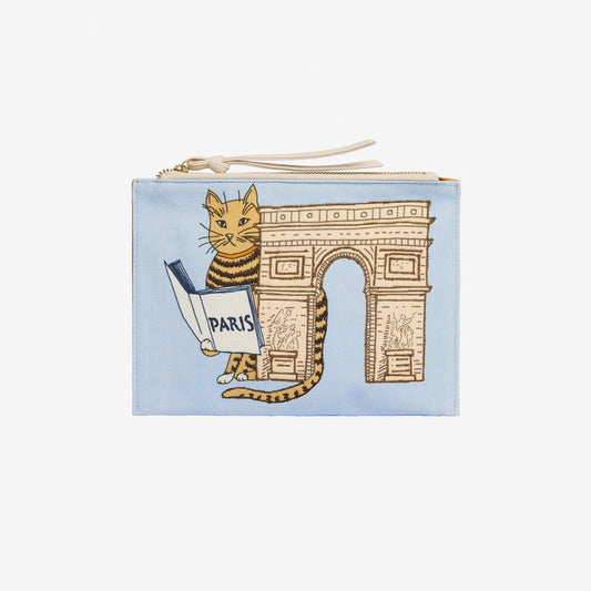 Inoui Editions cotton canvas Chat light blue pouch cat design with Arc de Triomphe.