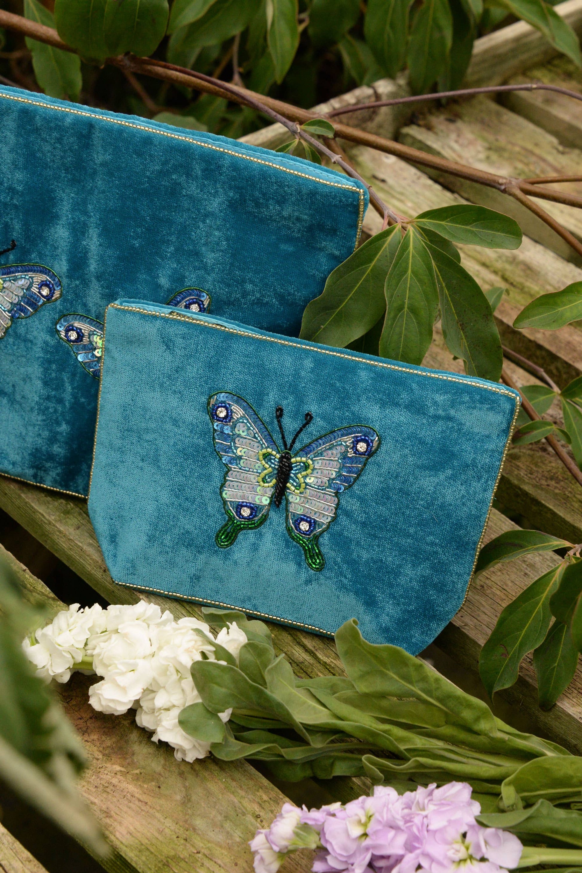 My Doris blue butterfly velvet beaded pouch.