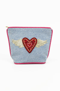 My Doris cotton denim zippered pouch featuring sequin and glass bead heart.