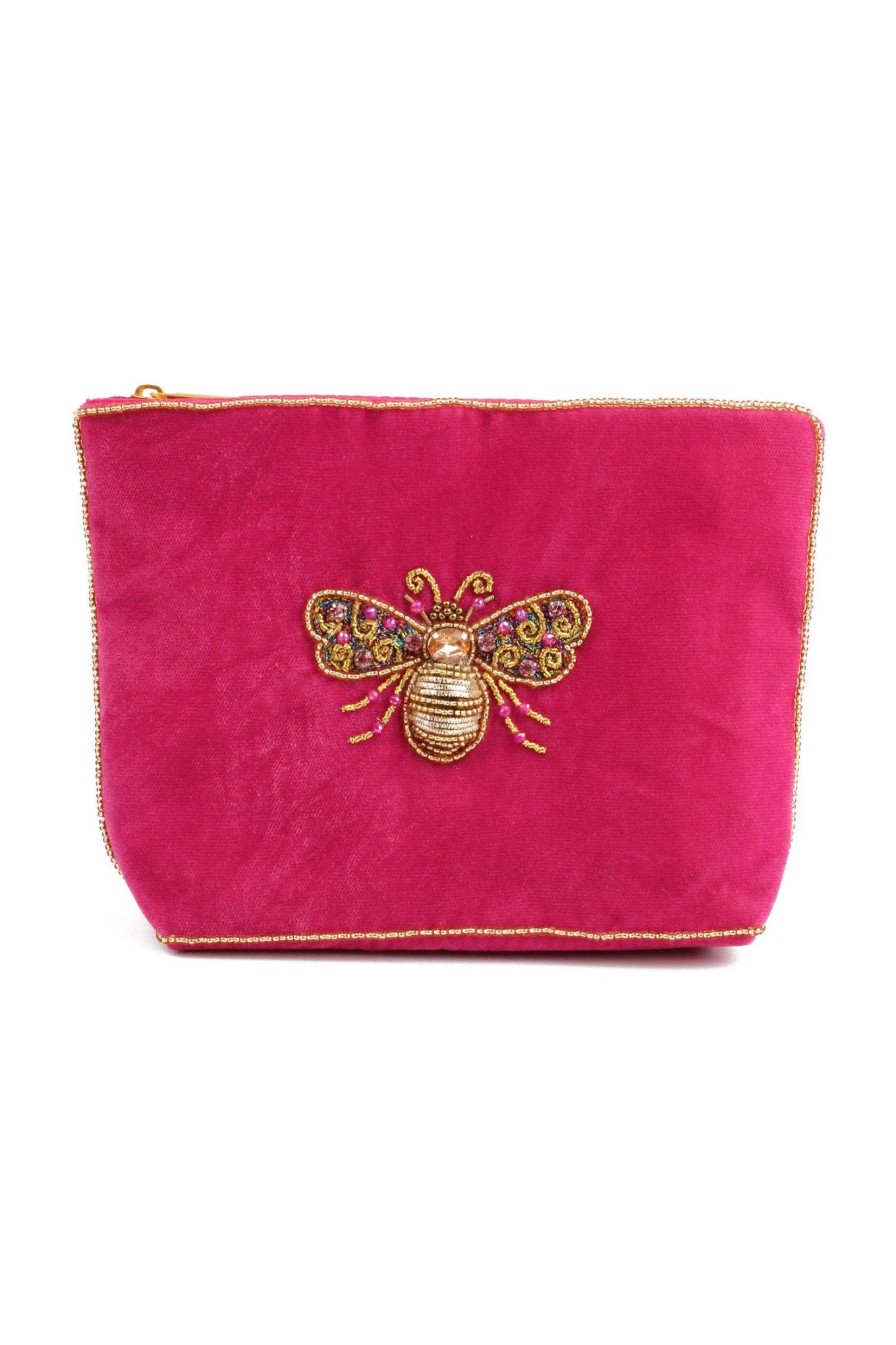 My Doris pink velvet handbeaded bee pouch.