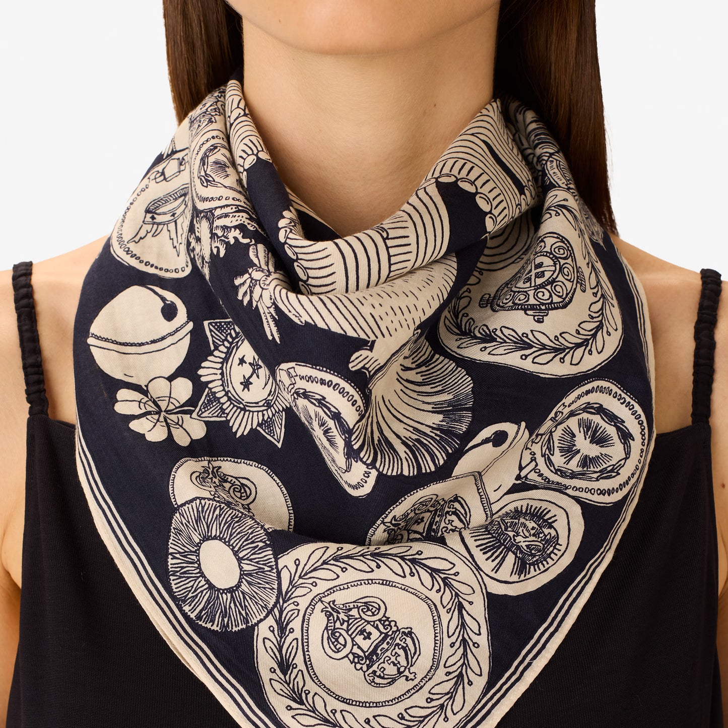 Inoui Editions cotton silk carre Octopus navy blue scarf with white octopus design and decorative elements on a white background.