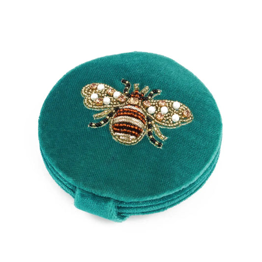 My Doris teal velvet beaded bee compact mirror.