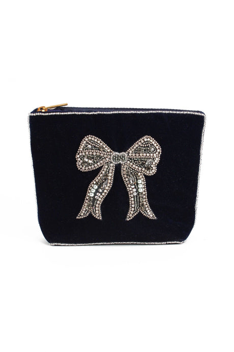 My Doris velvet pouch featuring hand beaded silver bow on black.