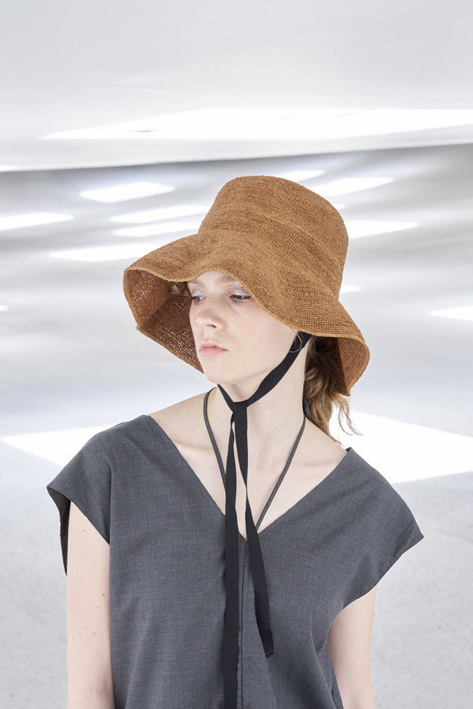 PCNQ made in Japan raffia sun hat with ribbon tie Cleo in brown.