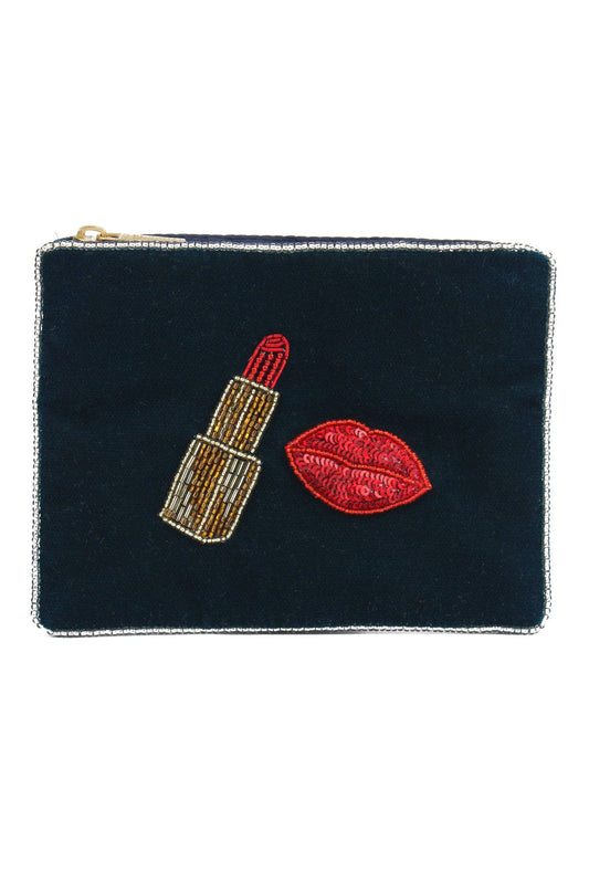 My Doris black velvet pouch with beaded lipstick and lips design.