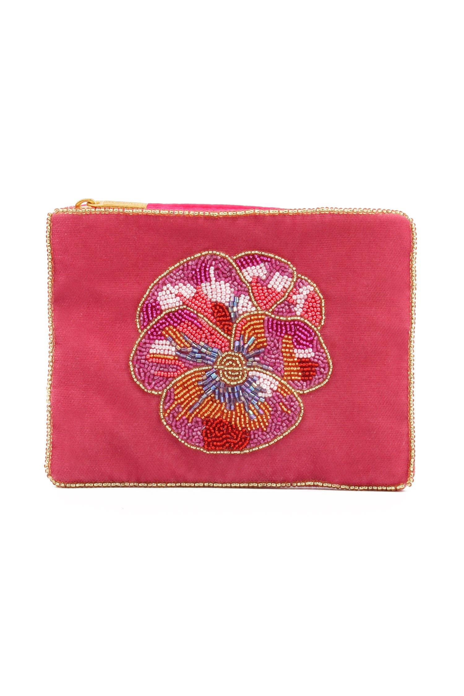 My Doris pink pansy velvet beaded pouch.