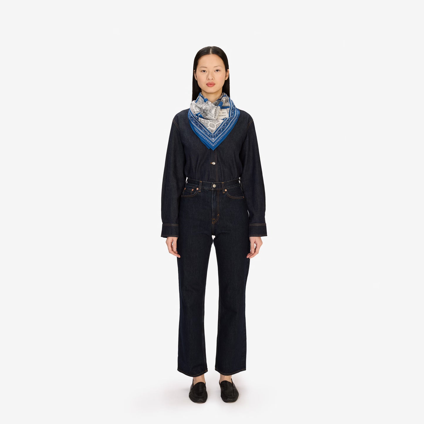 Inoui Editions fine cotton square scarf carre, Louvre map design on a blue border with intricate details