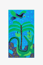 Load image into Gallery viewer, Inoui Editions Mangrovecolourful tropical scene on cotton scarf in blue and emerald.