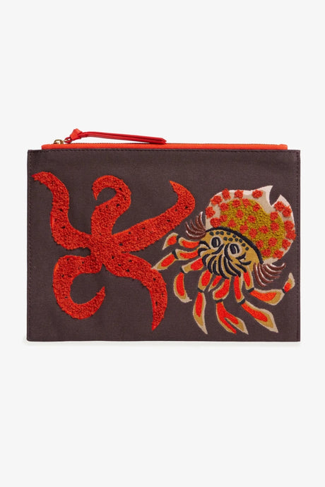 Inoui Editions embroidered cotton canvas printed zippered pouch featuring Bernard crab and starfish on brown.