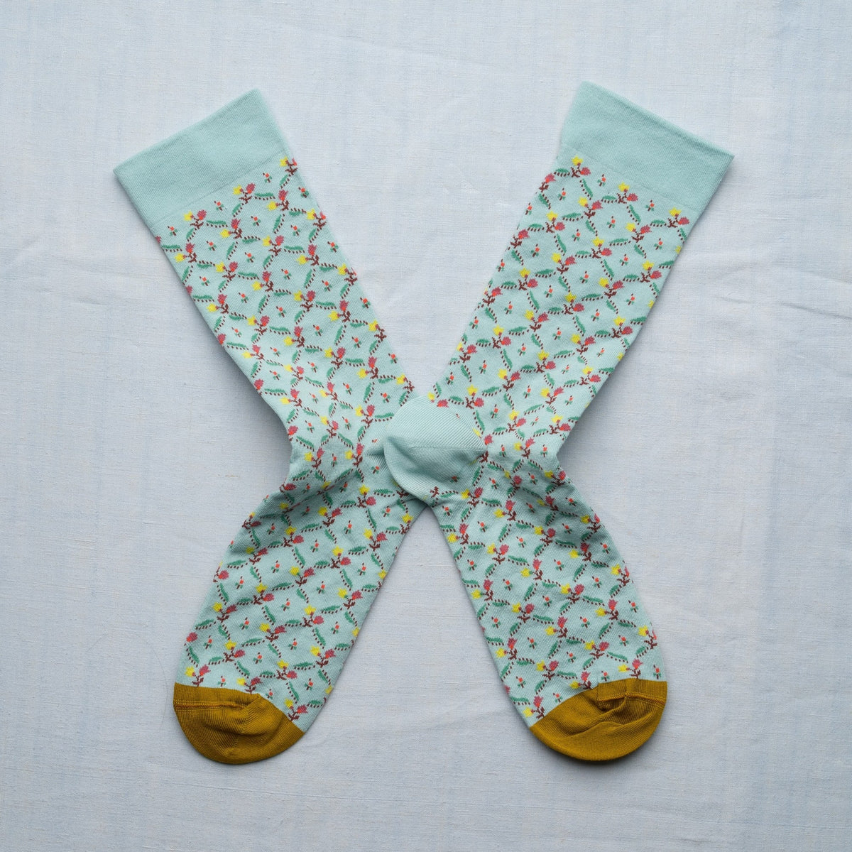 Bonne Maison cotton patterned socks Toile de Jouy in aqua floral trellis.