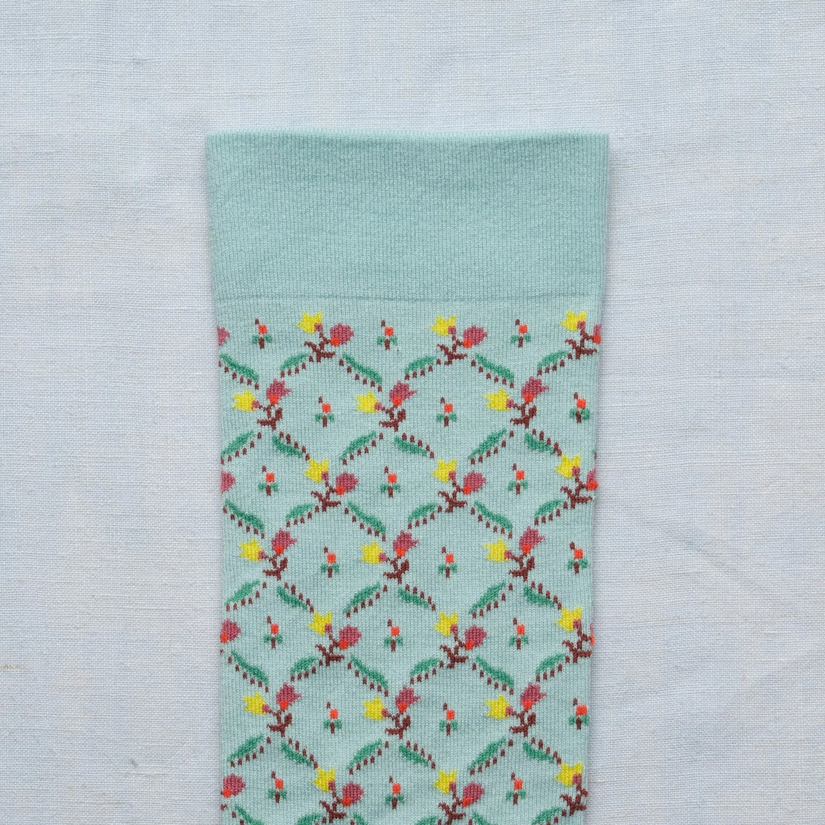 Bonne Maison cotton patterned socks Toile de Jouy in aqua floral trellis.
