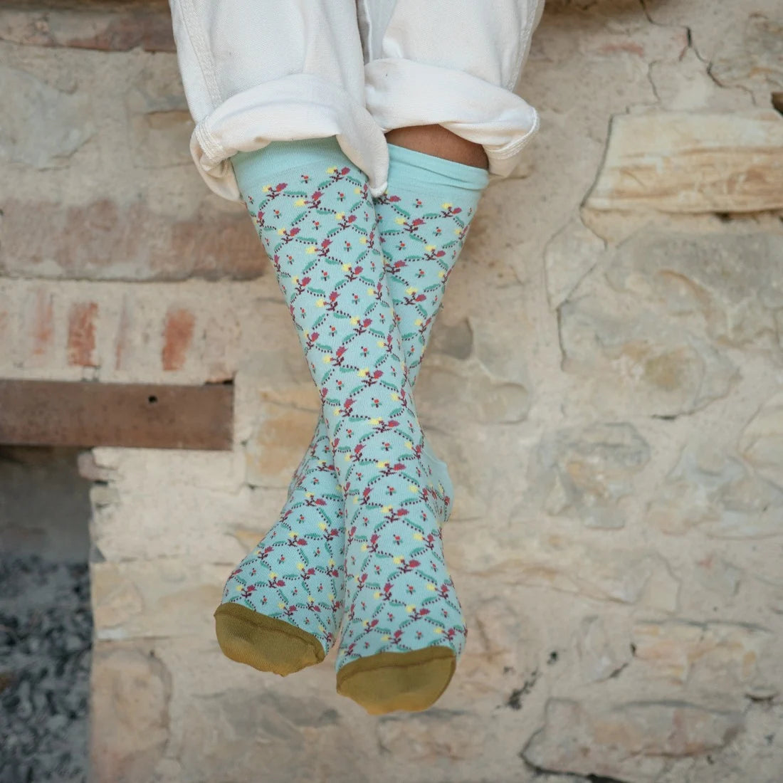 Bonne Maison cotton patterned socks Toile de Jouy in aqua floral trellis.