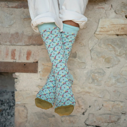 Bonne Maison cotton patterned socks Toile de Jouy in aqua floral trellis.