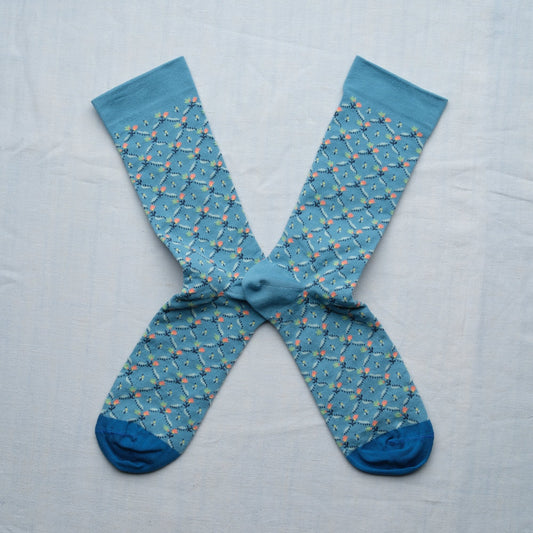 Bonne Maison cotton patterned socks Toile de Jouy in washed blue floral trellis.