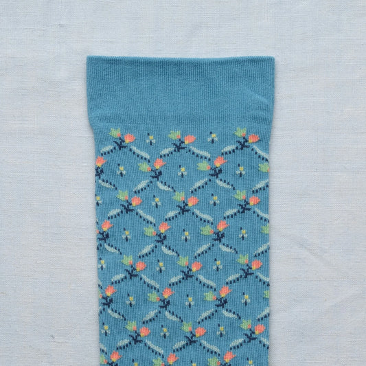 Bonne Maison cotton patterned socks Toile de Jouy in washed blue floral trellis.