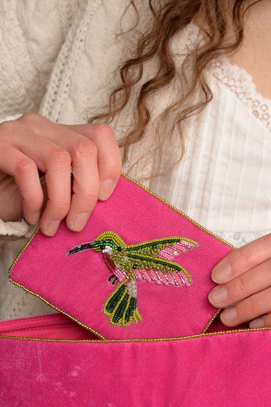 My Doris pink hummingbird velvet beaded pouch.
