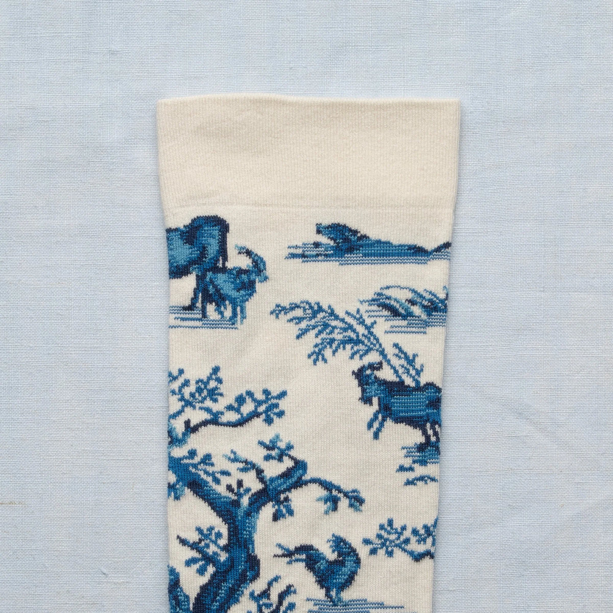 Bonne Maison cotton patterned socks in Toile de Jouy pleasures of the countryside blue on white design.