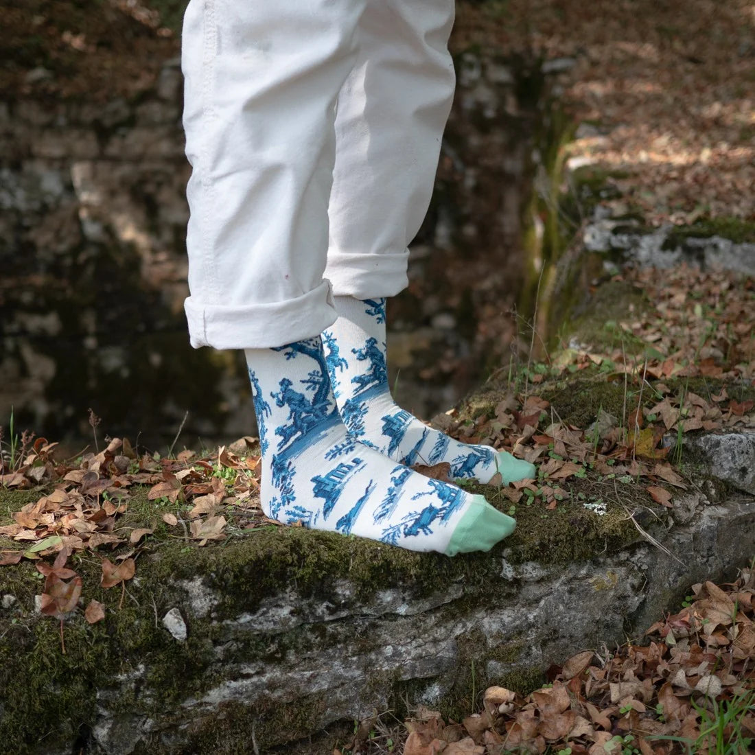 Bonne Maison cotton patterned socks in Toile de Jouy pleasures of the countryside blue on white design.