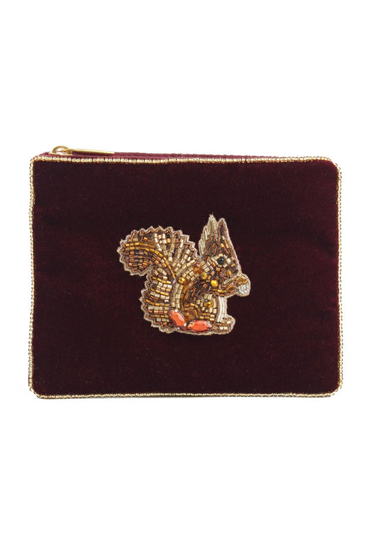 My Doris burgundy brown velvet pouch with a beaded squirrel design.