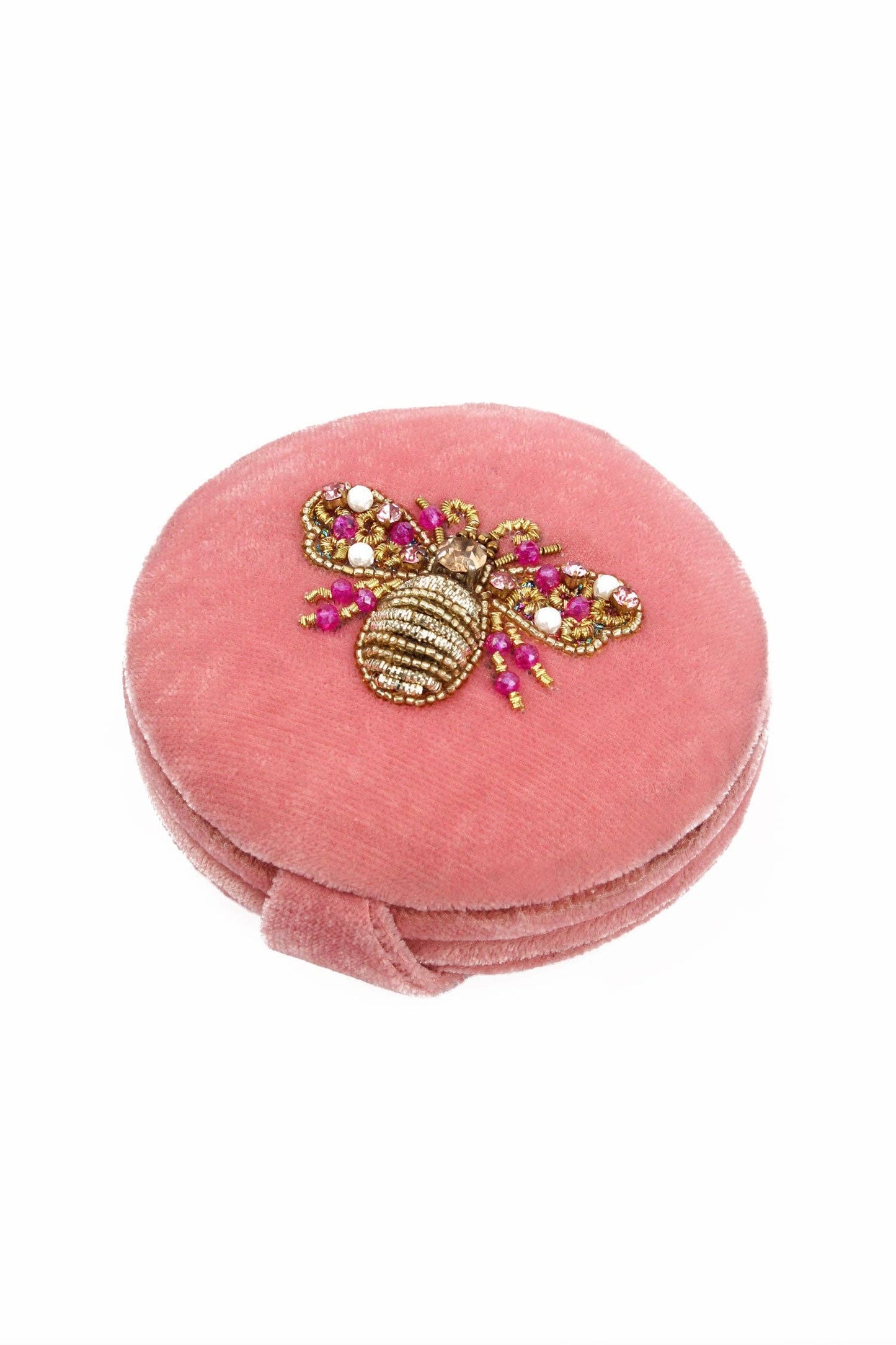 My Doris pink bee velvet beaded compact mirror.