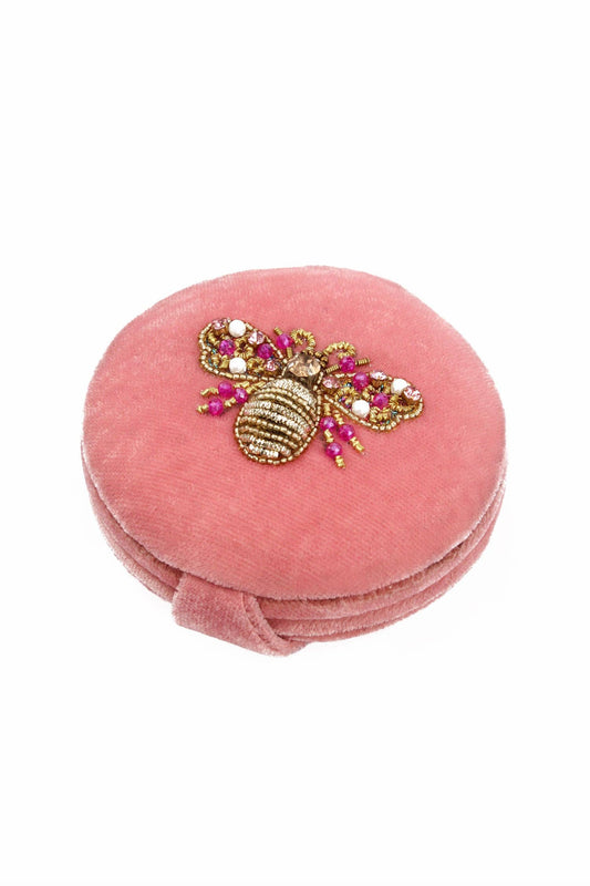 My Doris pink bee velvet beaded compact mirror.