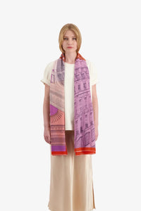 Inoui Editions fine cotton scarf Paris scene in red and pink.