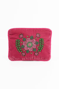 My Doris floral folk handbeaded small pink velvet zippered purse.