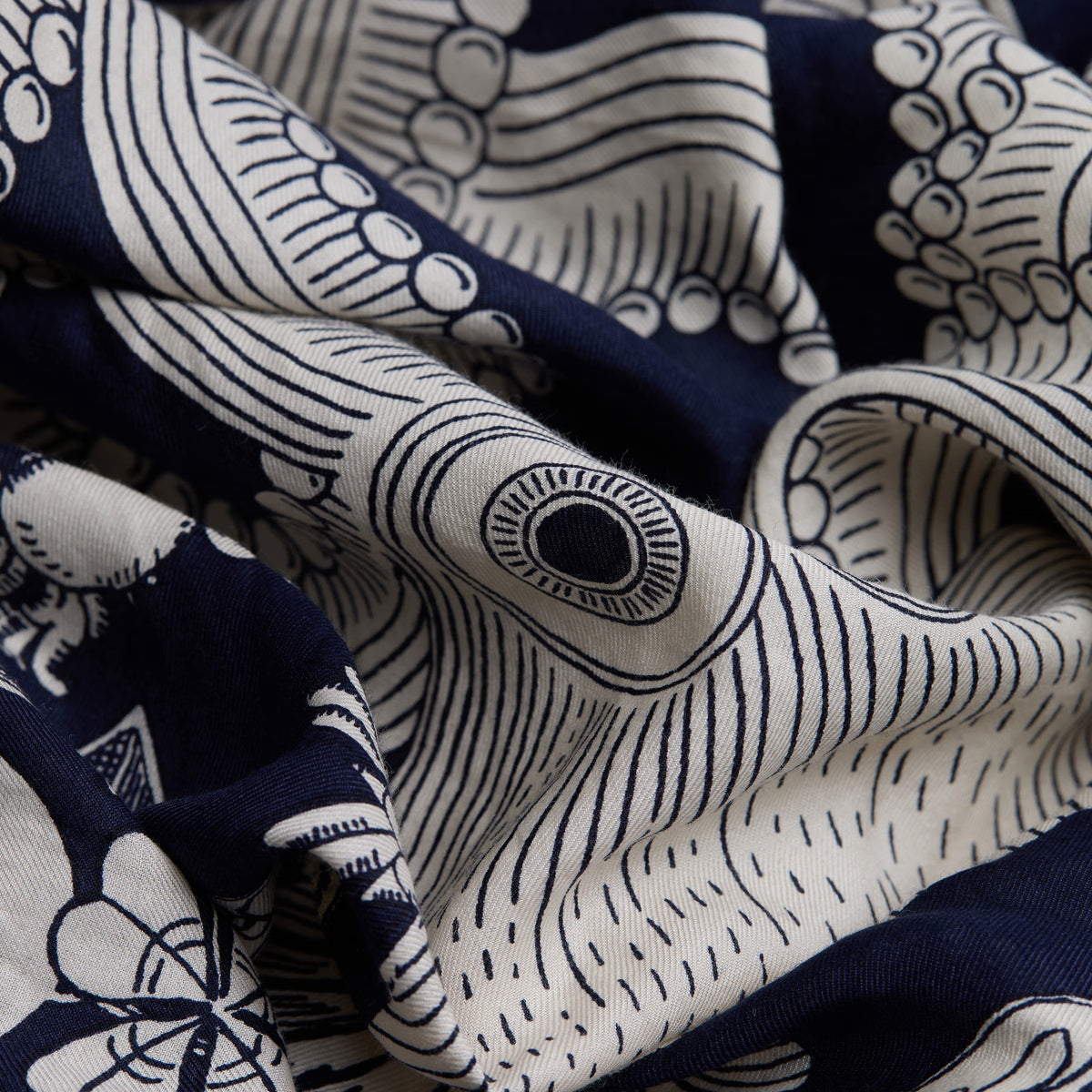 Inoui Editions cotton silk carre Octopus navy blue scarf with white octopus design and decorative elements on a white background.