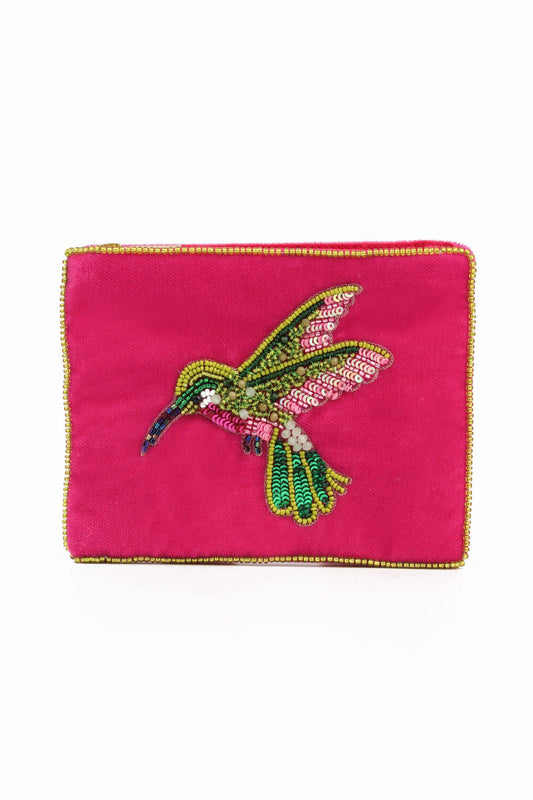 My Doris pink hummingbird velvet beaded pouch.