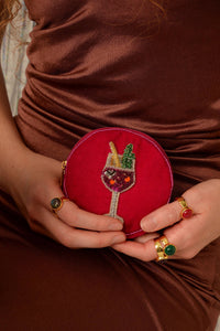 My Doris beaded pink fizz round velvet zippered  pouch.