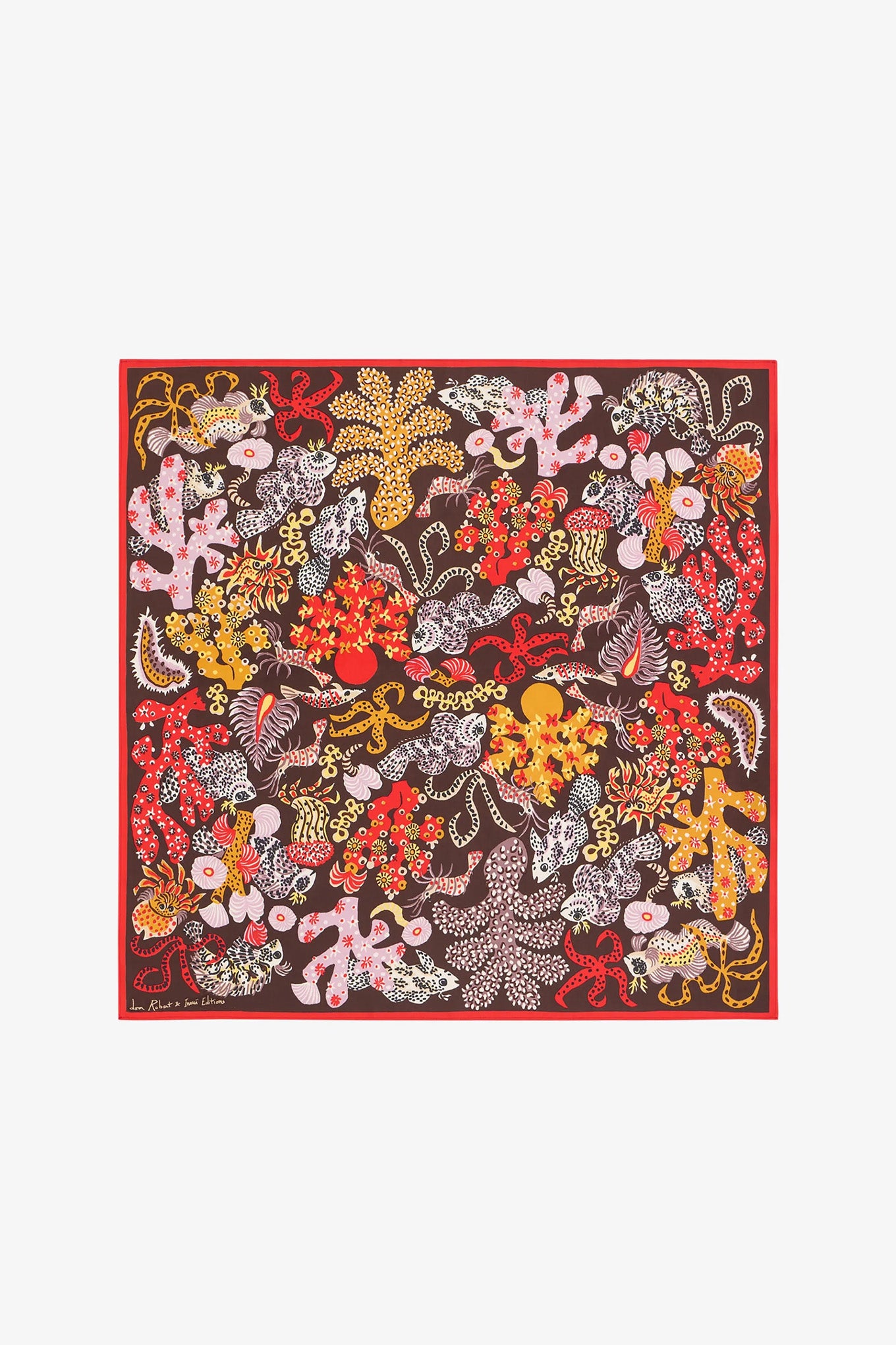 Inoui Editions silk modal carre square scarf Jardin des Sirenes in brown.