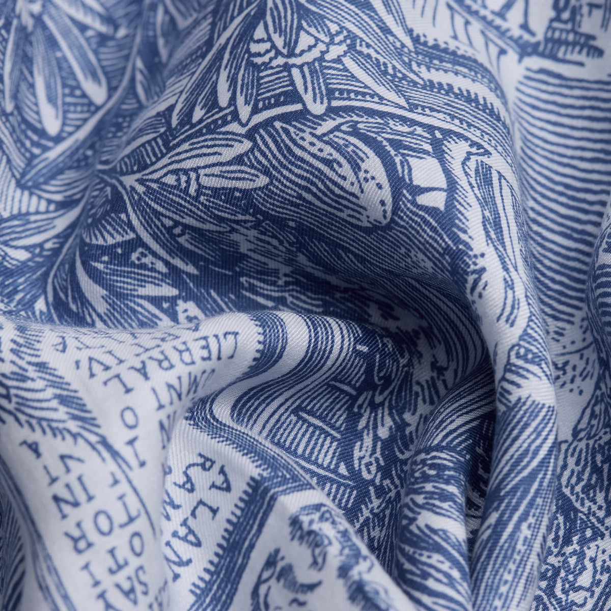 Inoui Editions Piranesi cotton silk carre square scarf, finely drawn classical architecture with big cats, in blue on white.