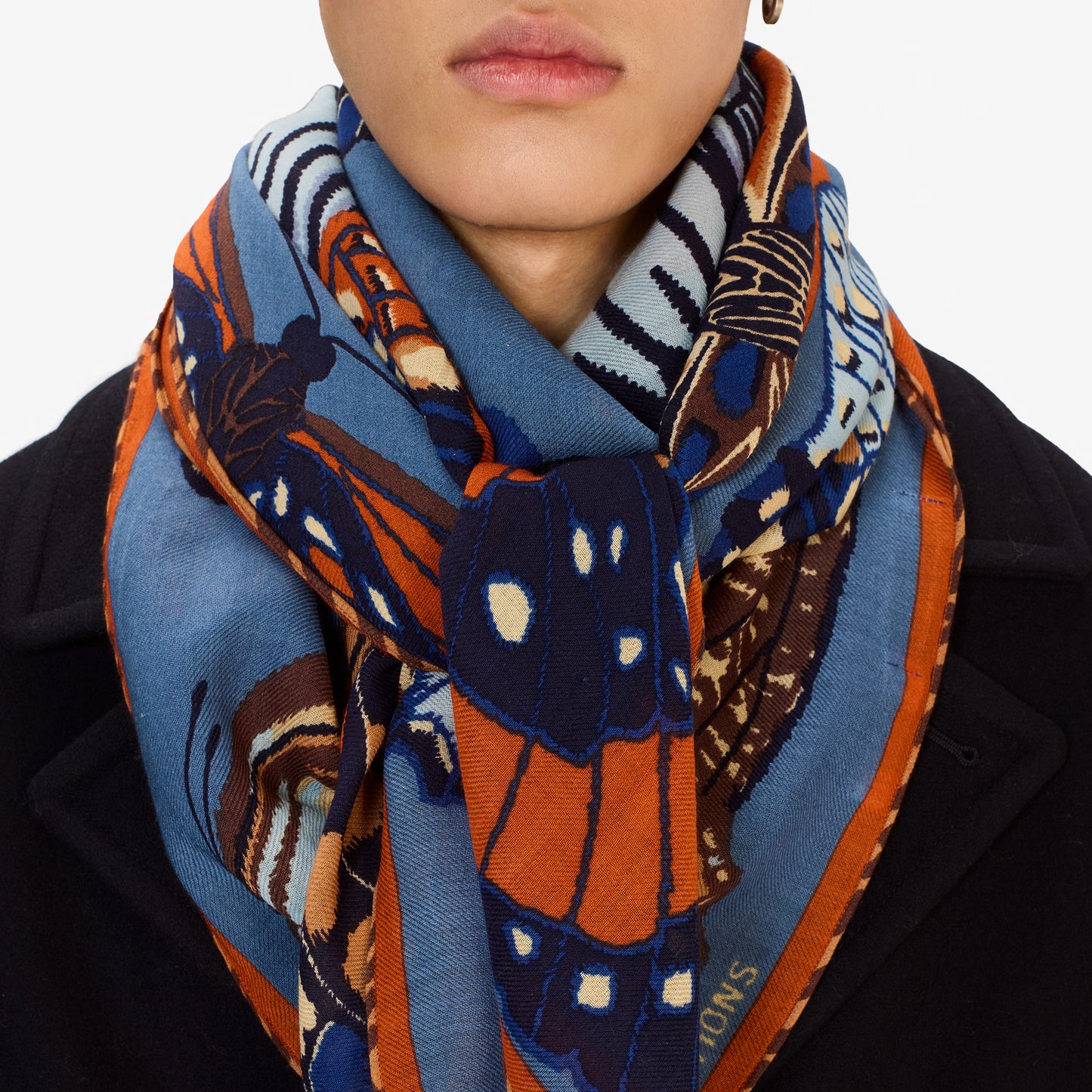 Inoui editions duck blue papillon butterfly square scarf carre in pure wool