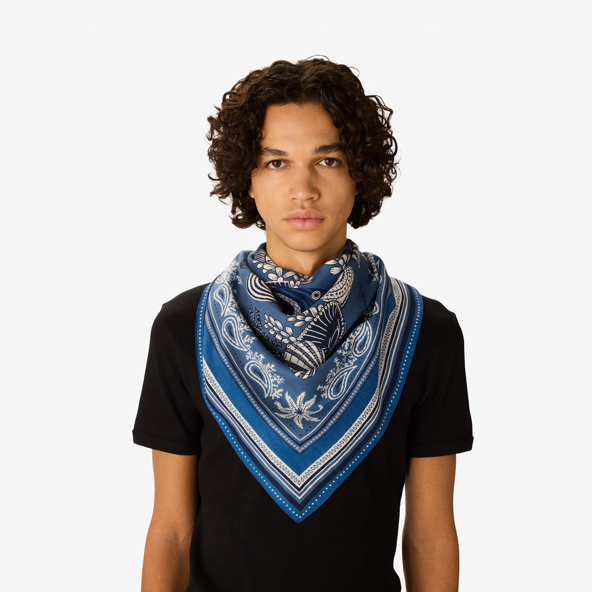 Inoui Editions Neptune pure silk carre, blue and white scarf with marine life design on a white background.