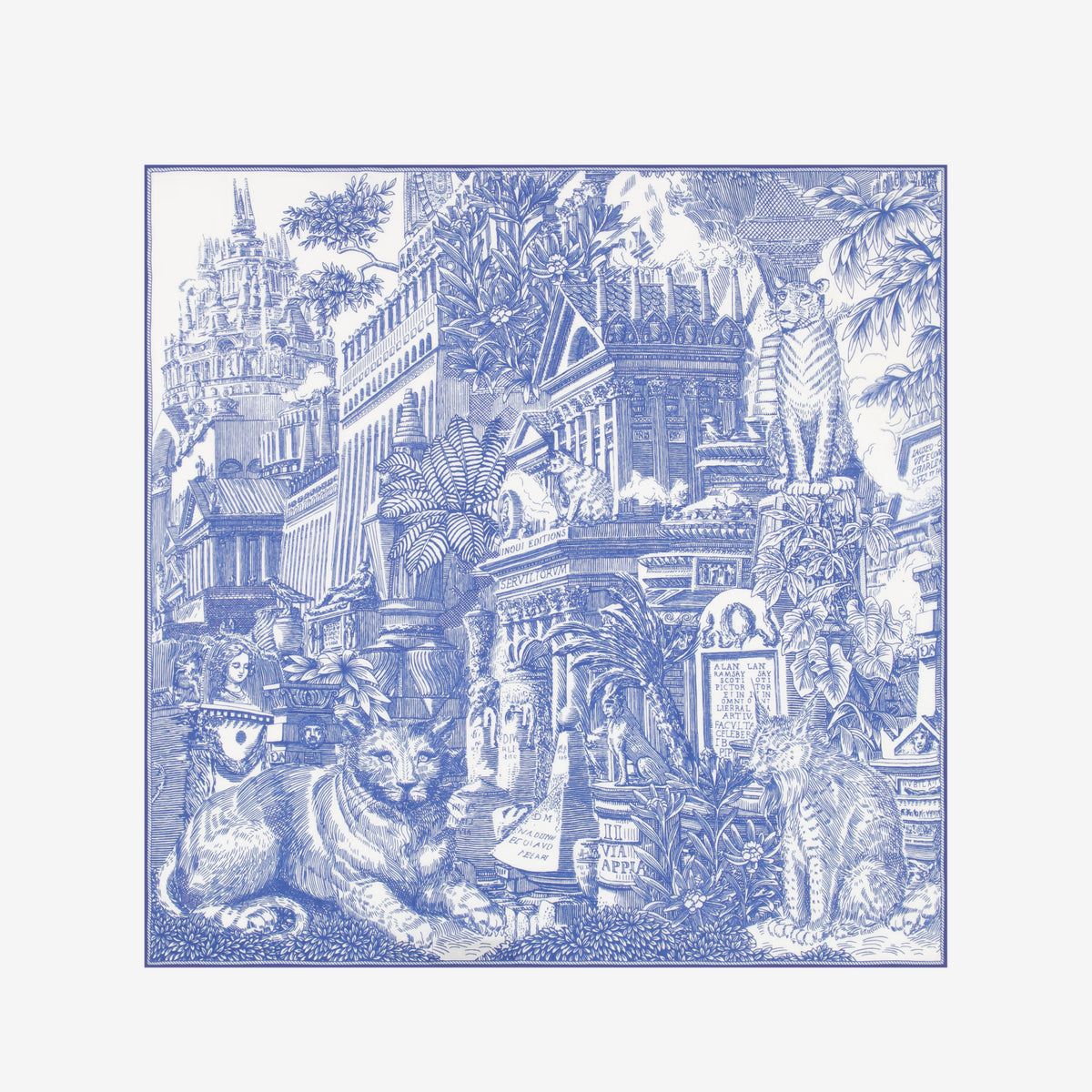 Inoui Editions Piranesi cotton silk carre square scarf, finely drawn classical architecture with big cats, in blue on white.