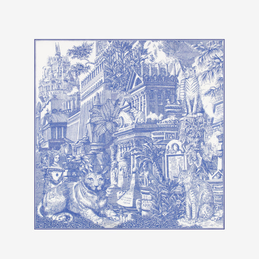 Inoui Editions Piranesi cotton silk carre square scarf, finely drawn classical architecture with big cats, in blue on white.