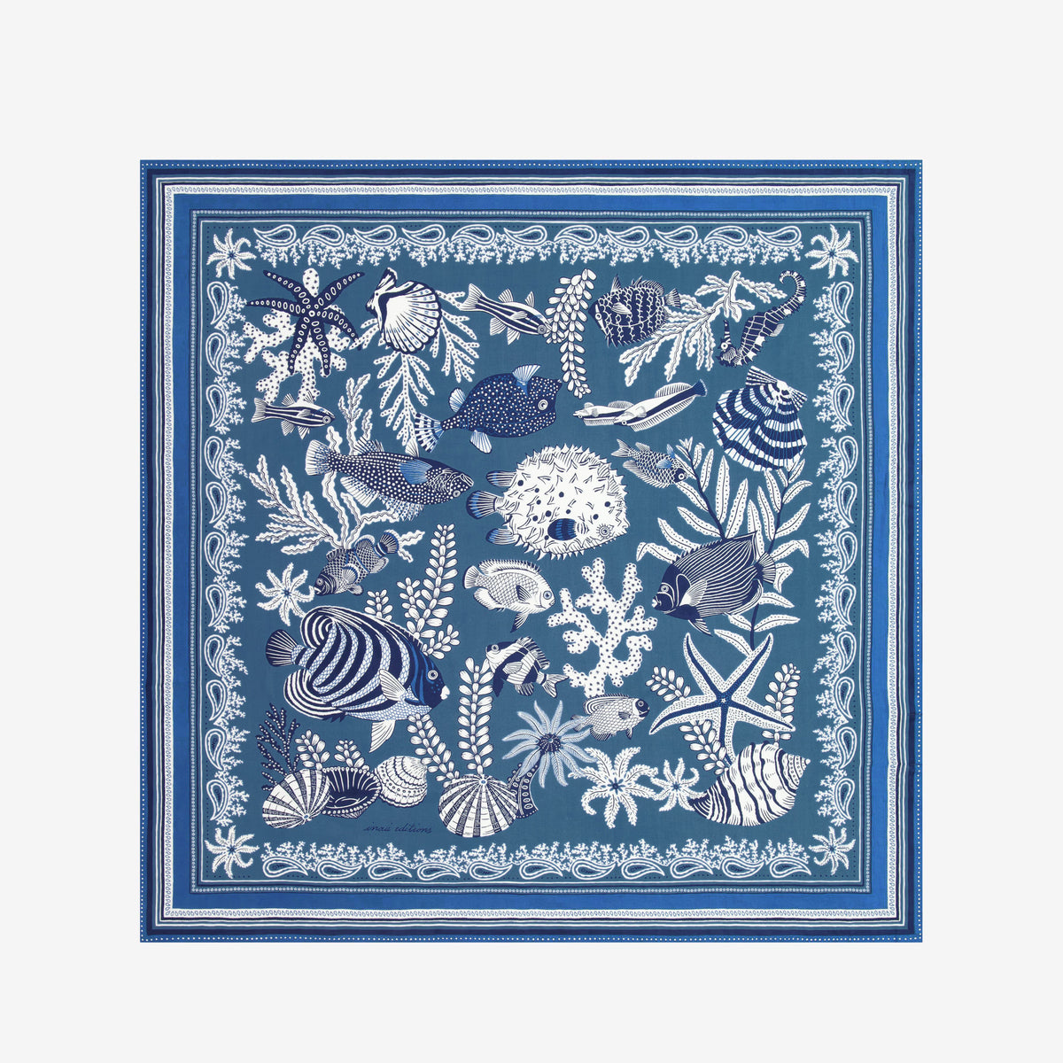 Inoui Editions Neptune pure silk carre, blue and white scarf with marine life design on a white background.