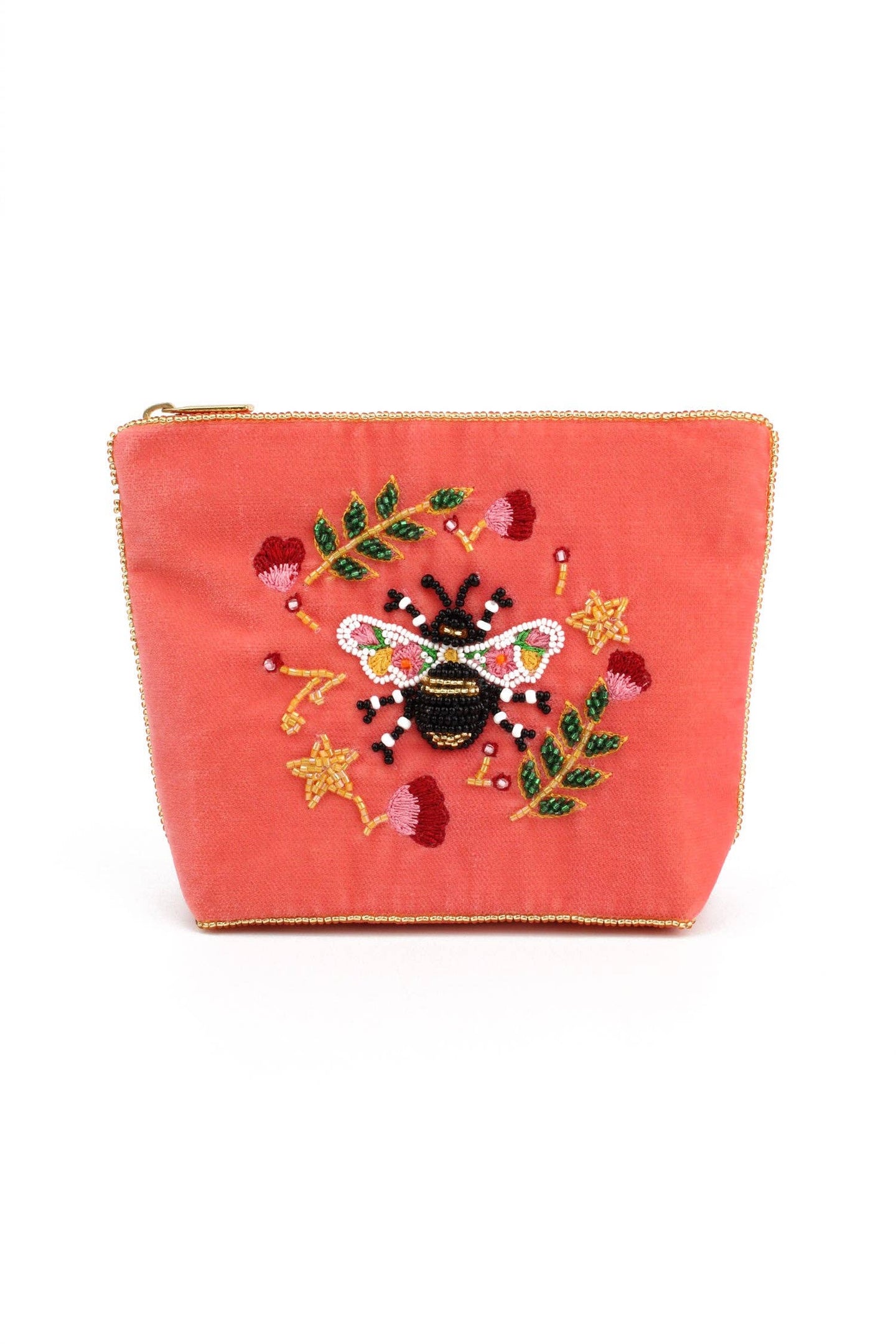 My Doris small zippered pouch with embroidered and beaded flowers and bee.