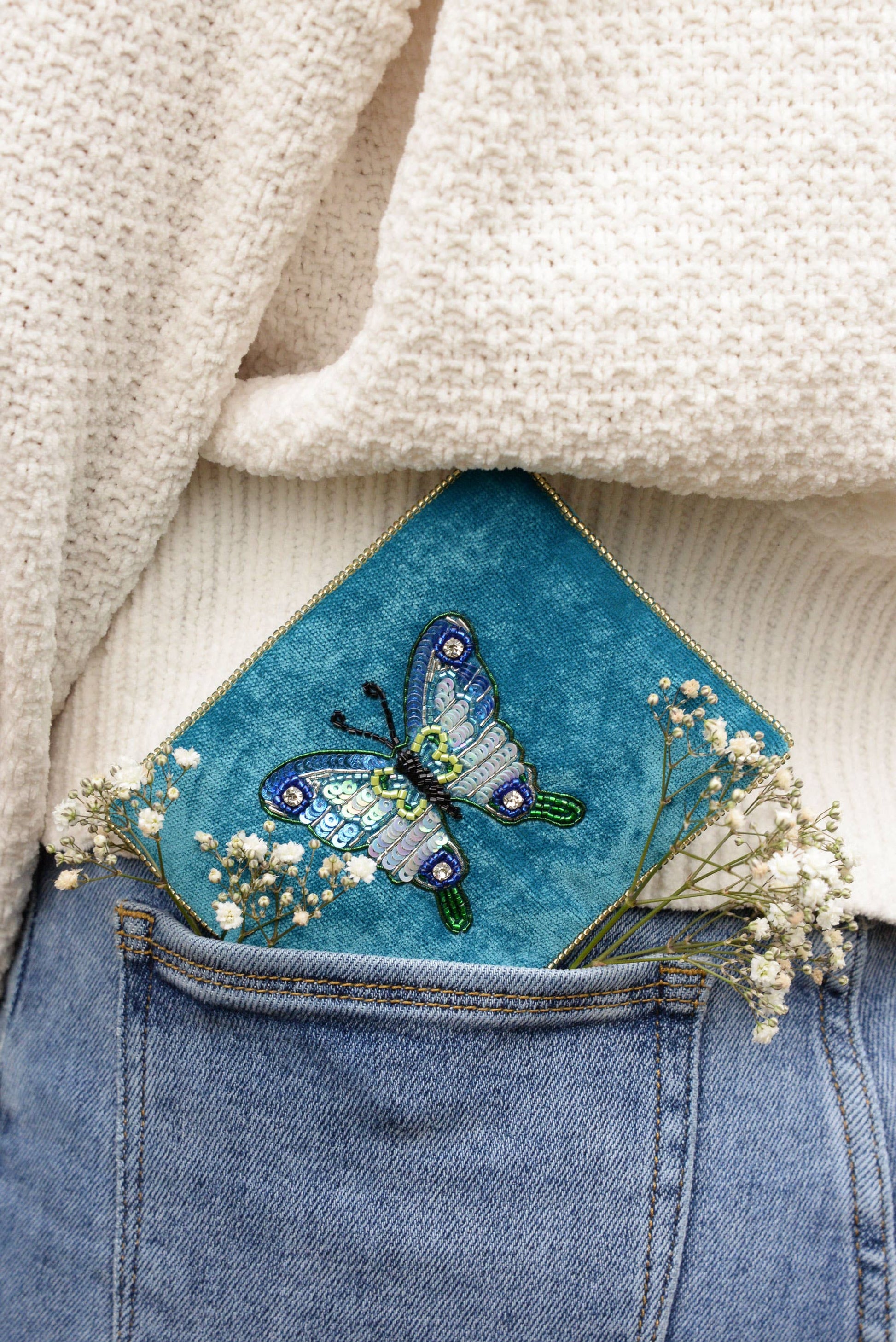 My Doris blue butterfly velvet beaded pouch.