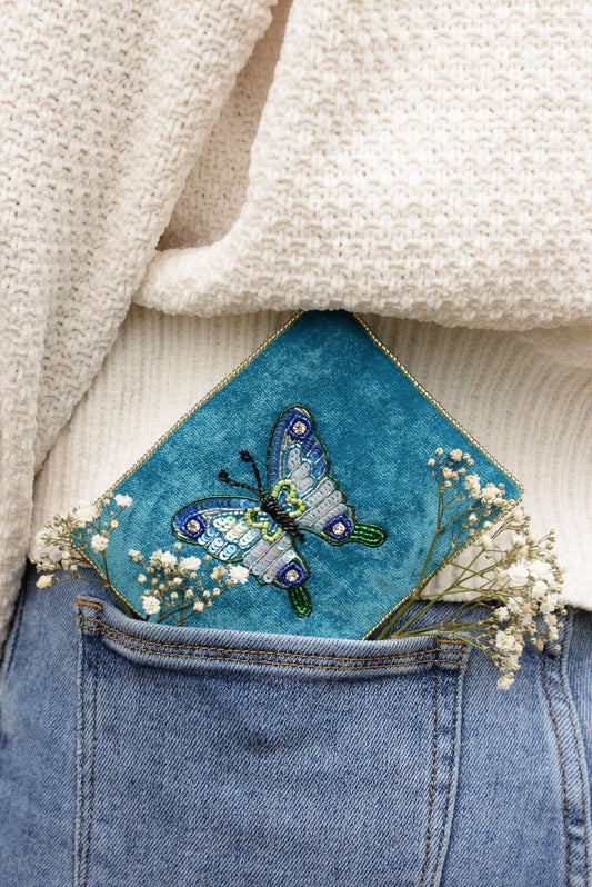 My Doris blue butterfly velvet beaded pouch.