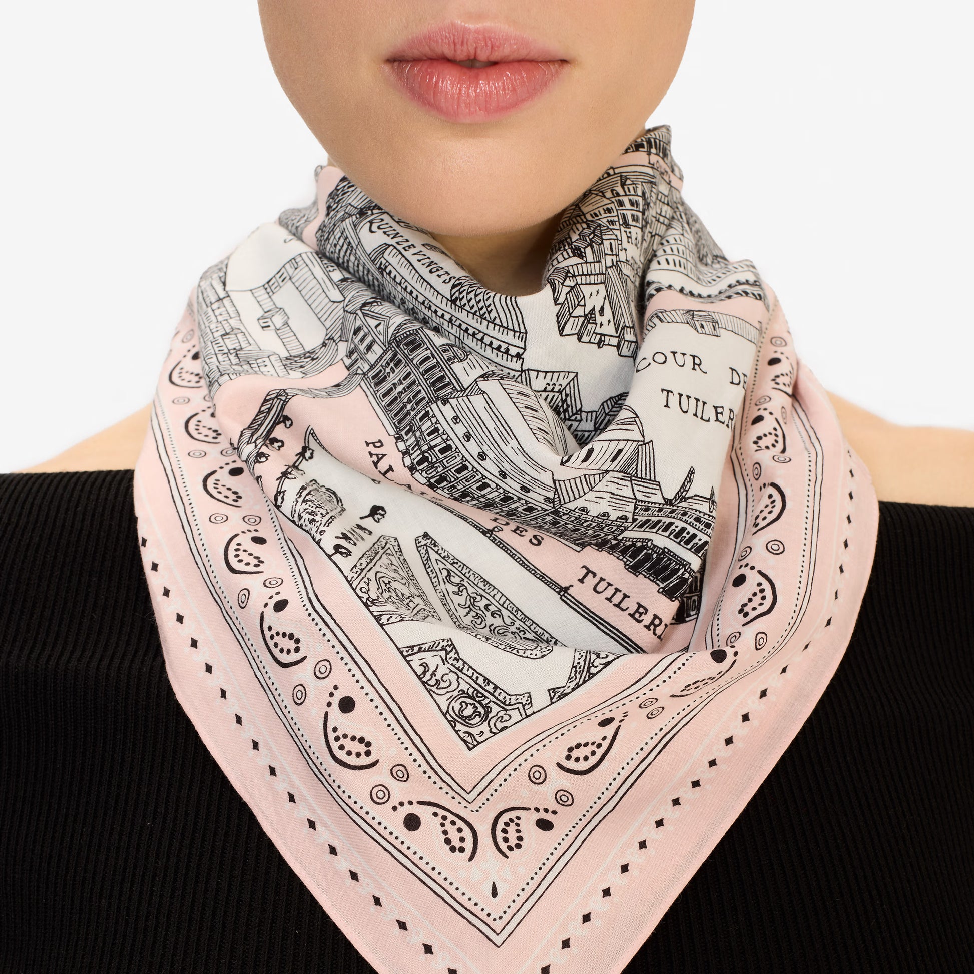 Inoui Editions fine cotton square scarf carre, Louvre map design on a pink border with intricate details