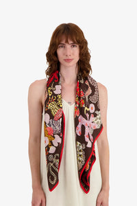 Inoui Editions silk modal carre square scarf Jardin des Sirenes in brown.