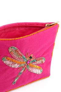 My Doris hand beaded velvet zippered pouch pink with dragonfly