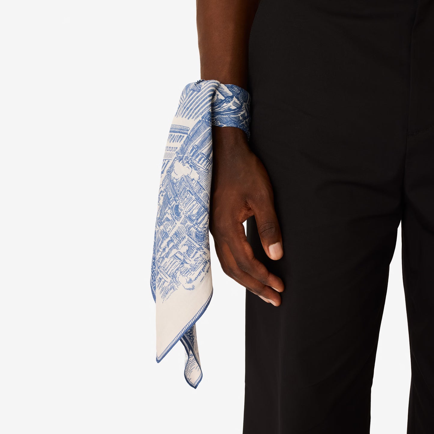 Inoui Editions Piranesi cotton silk carre square scarf, finely drawn classical architecture with big cats, in blue on white.