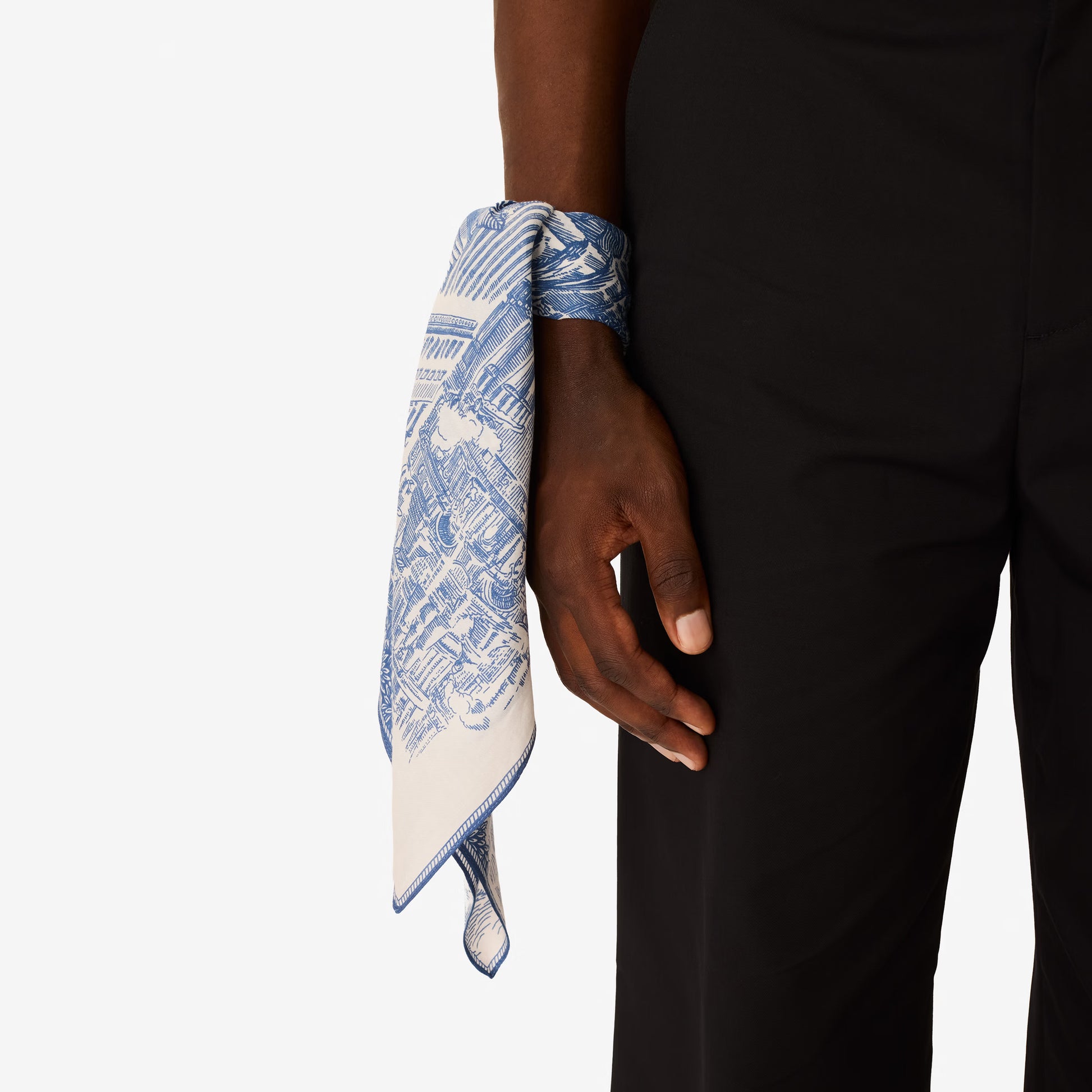 Inoui Editions Piranesi cotton silk carre square scarf, finely drawn classical architecture with big cats, in blue on white.